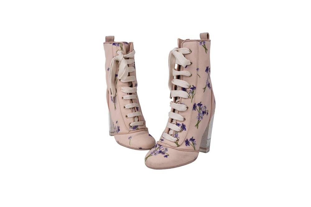 Red Valentino Pink Purple Floral Fabric Lace-Up Boots Size 35